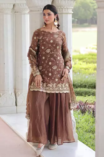 Coffee Sequins Embroidered Organza Salwar Kameez