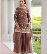 Coffee Sequins Embroidered Organza Salwar Kameez
