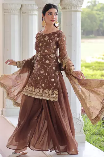Coffee Sequins Embroidered Organza Salwar Kameez