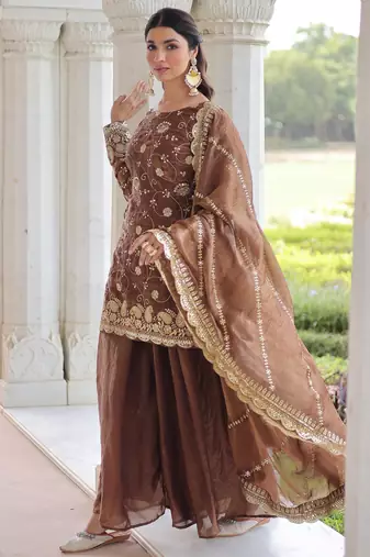 Coffee Sequins Embroidered Organza Salwar Kameez