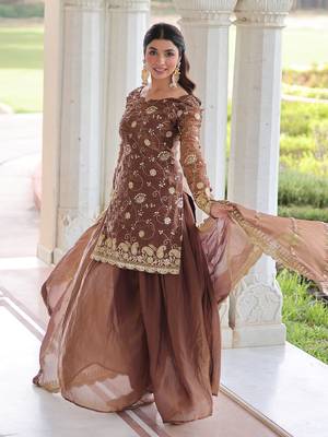 Coffee Sequins Embroidered Organza Salwar Kameez 4