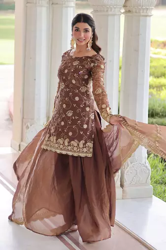Coffee Sequins Embroidered Organza Salwar Kameez