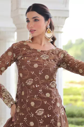 Coffee Sequins Embroidered Organza Salwar Kameez