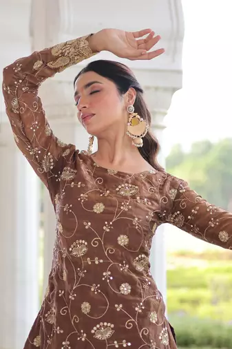 Coffee Sequins Embroidered Organza Salwar Kameez