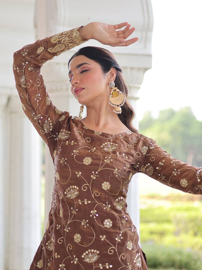 Coffee Sequins Embroidered Organza Salwar Kameez