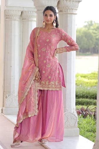 Pink Sequins Embroidered Organza Festive Kameez