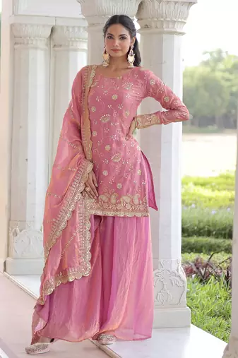 Pink Sequins Embroidered Organza Festive Kameez