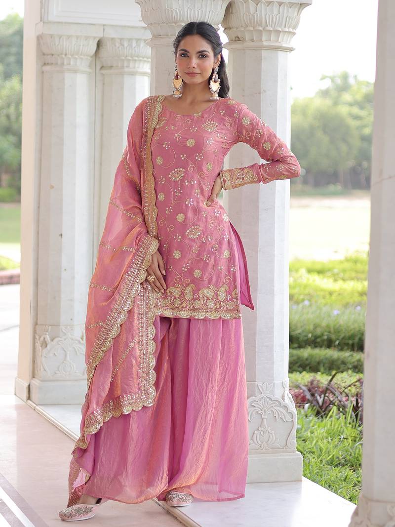 Pink Sequins Embroidered Organza Festive Kameez