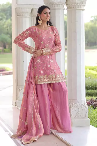 Pink Sequins Embroidered Organza Festive Kameez