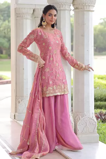 Pink Sequins Embroidered Organza Festive Kameez