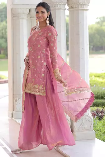 Pink Sequins Embroidered Organza Festive Kameez