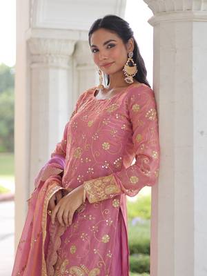 Pink Sequins Embroidered Organza Festive Kameez 5