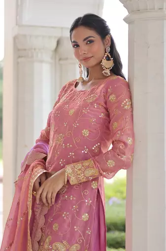Pink Sequins Embroidered Organza Festive Kameez