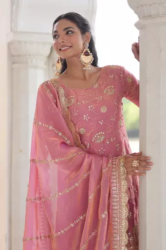Pink Sequins Embroidered Organza Festive Kameez