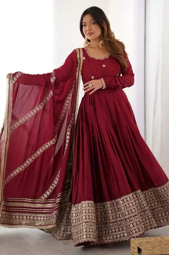 Maroon Sequins Embroidered Silk Festive Kameez