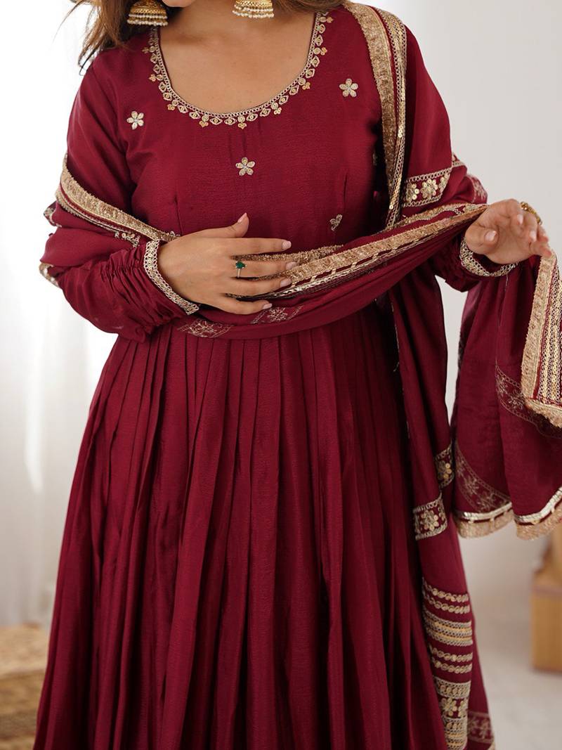 Maroon Sequins Embroidered Silk Festive Kameez