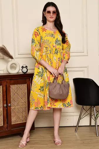 Yellow women's cotton jaipuri printed western dress