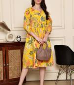 Yellow women's cotton jaipuri printed western dress