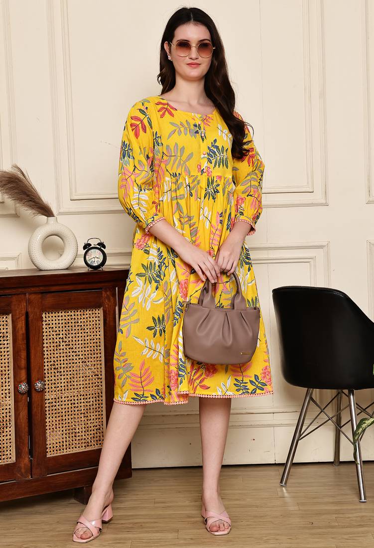 Yellow women's cotton jaipuri printed western dress