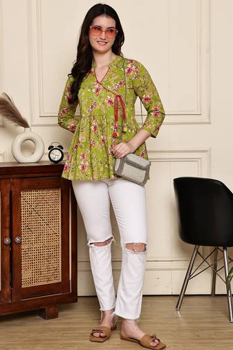 Parrot green women's cotton jaipuri printed short top