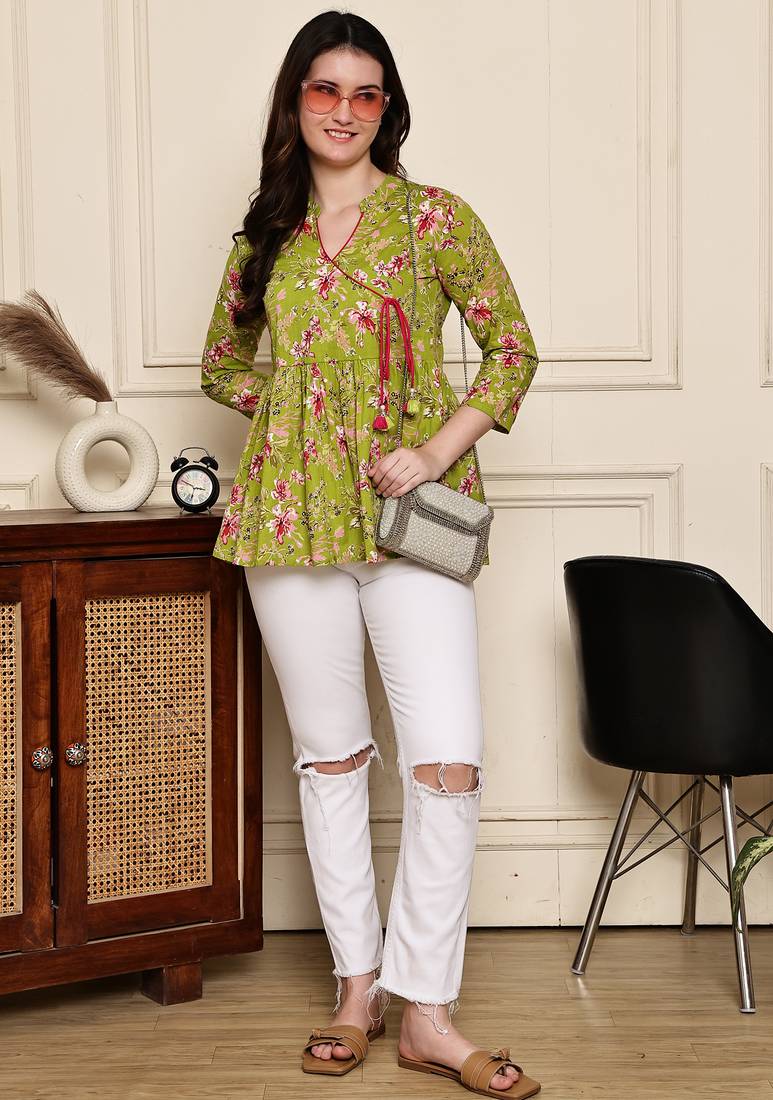 Parrot green women's cotton jaipuri printed short top