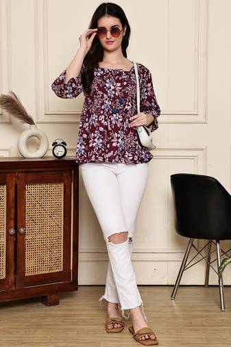 Wine women's cotton jaipuri printed short top