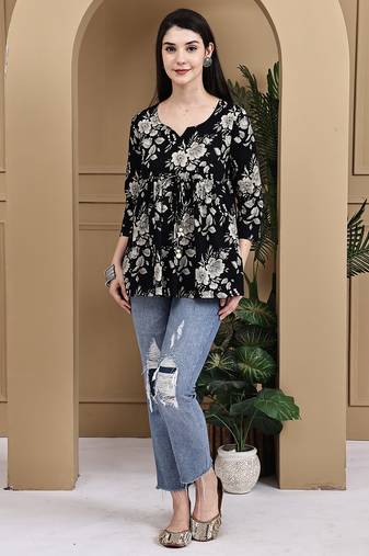 Black women's cotton jaipuri printed short top
