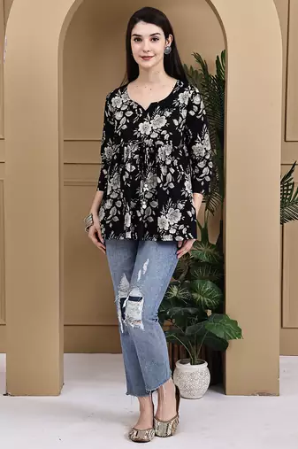 Black women's cotton jaipuri printed short top