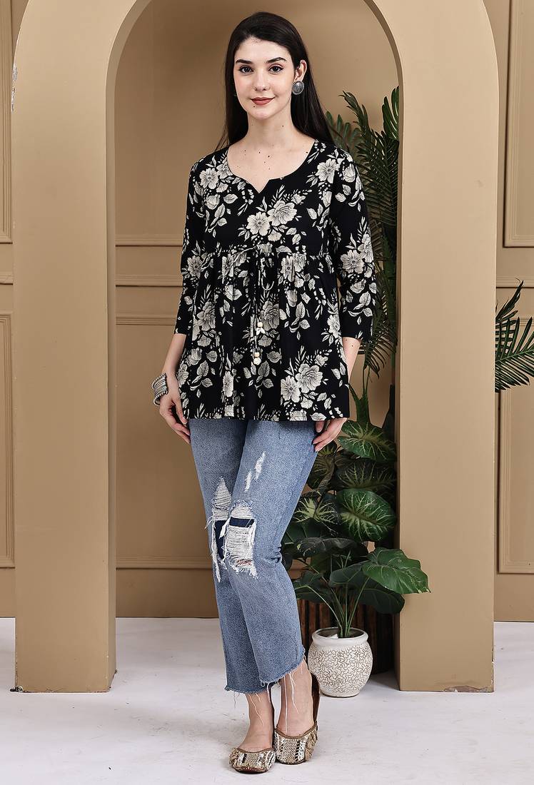 Black women's cotton jaipuri printed short top