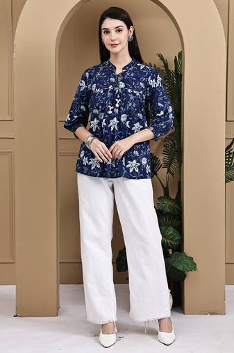 Blue women's cotton jaipuri printed short top