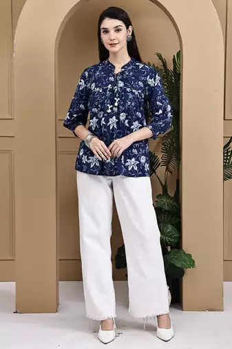 Blue women's cotton jaipuri printed short top