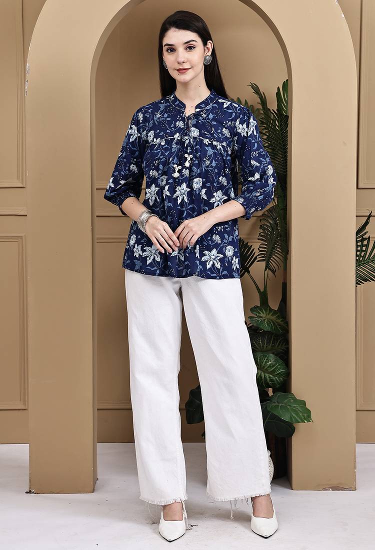 Blue women's cotton jaipuri printed short top
