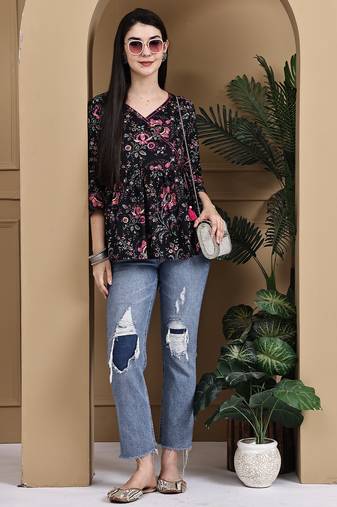 Black women's cotton jaipuri printed short top