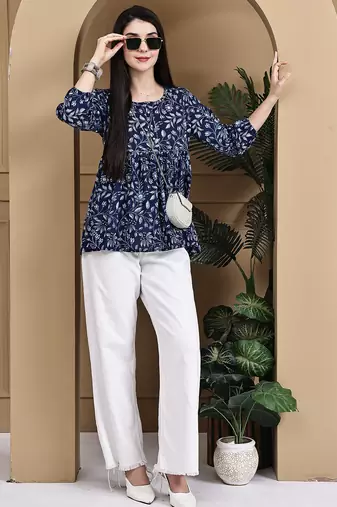 Blue women's cotton jaipuri printed short top