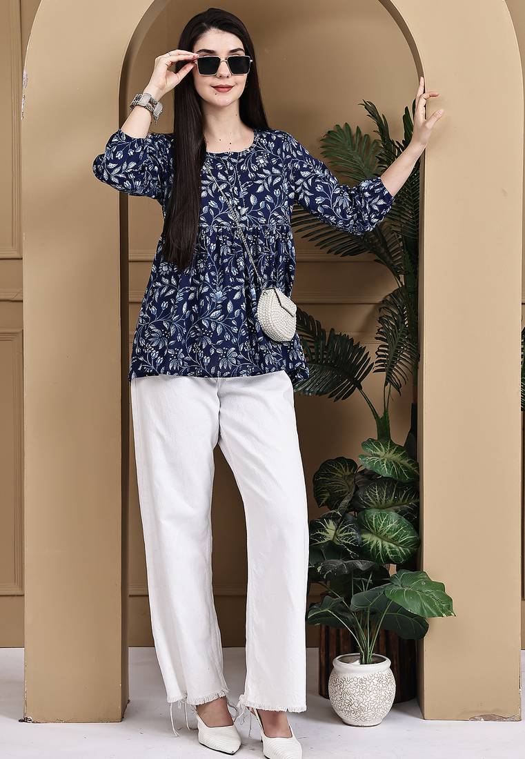 Blue women's cotton jaipuri printed short top