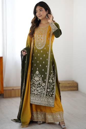 Yellow Thread Embroidered Chinon Festive Wear Sharara Suit