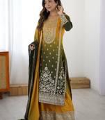 Yellow Thread Embroidered Chinon Festive Wear Sharara Suit
