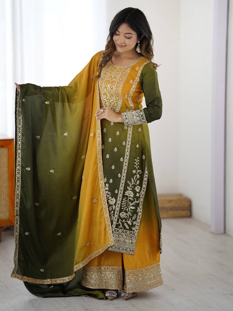 Yellow Thread Embroidered Chinon Festive Wear Sharara Suit