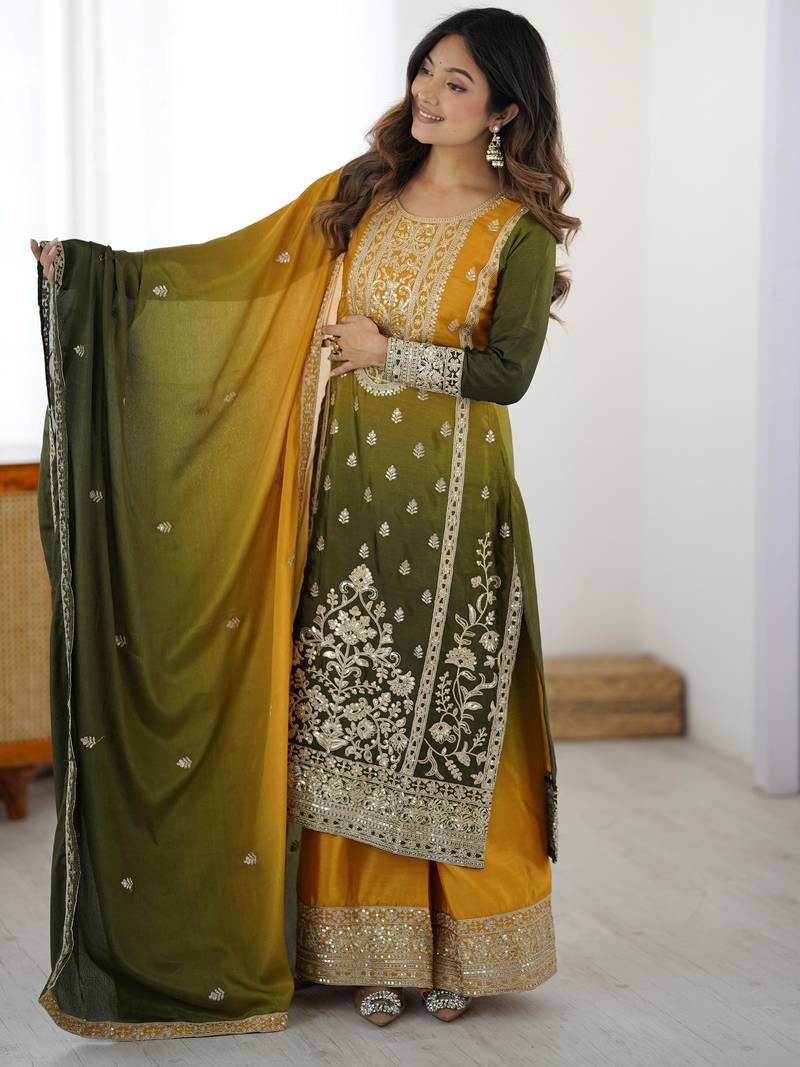 Yellow Thread Embroidered Chinon Festive Wear Sharara Suit