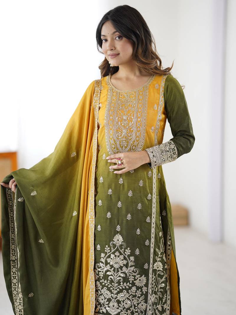 Yellow Thread Embroidered Chinon Festive Wear Sharara Suit