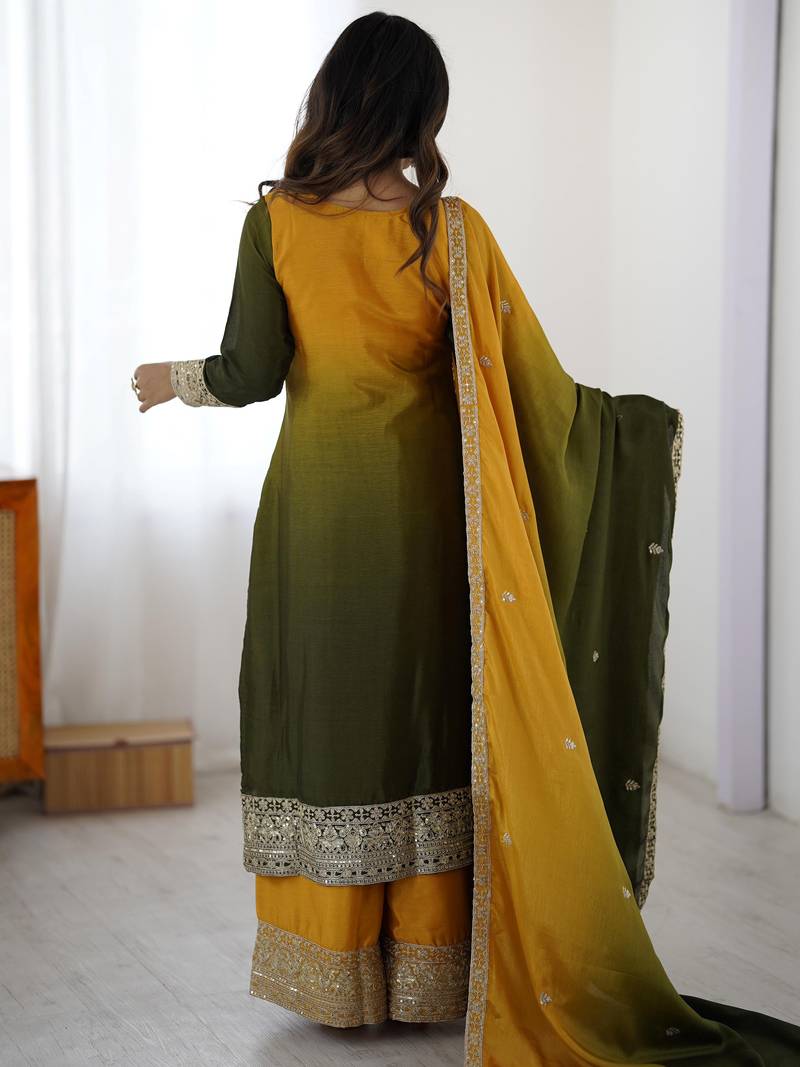 Yellow Thread Embroidered Chinon Festive Wear Sharara Suit