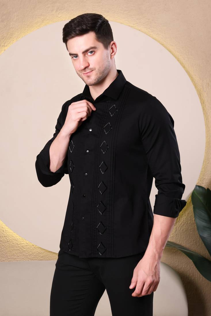 Pier seven black slim fit cotton blend shirt with hand embroidery & pin-tuck detailing (pwy069)