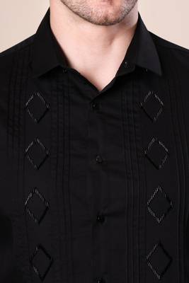 Pier seven black slim fit cotton blend shirt with hand embroidery & pin-tuck detailing (pwy069) 3