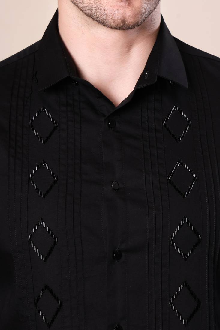 Pier seven black slim fit cotton blend shirt with hand embroidery & pin-tuck detailing (pwy069)