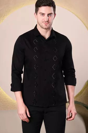 Pier seven black slim fit cotton blend shirt with hand embroidery & pin-tuck detailing (pwy069)