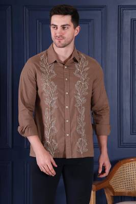 Pier seven embroidered 100% cotton men's slim fit full sleeve shirt - brown (pwy228) 2