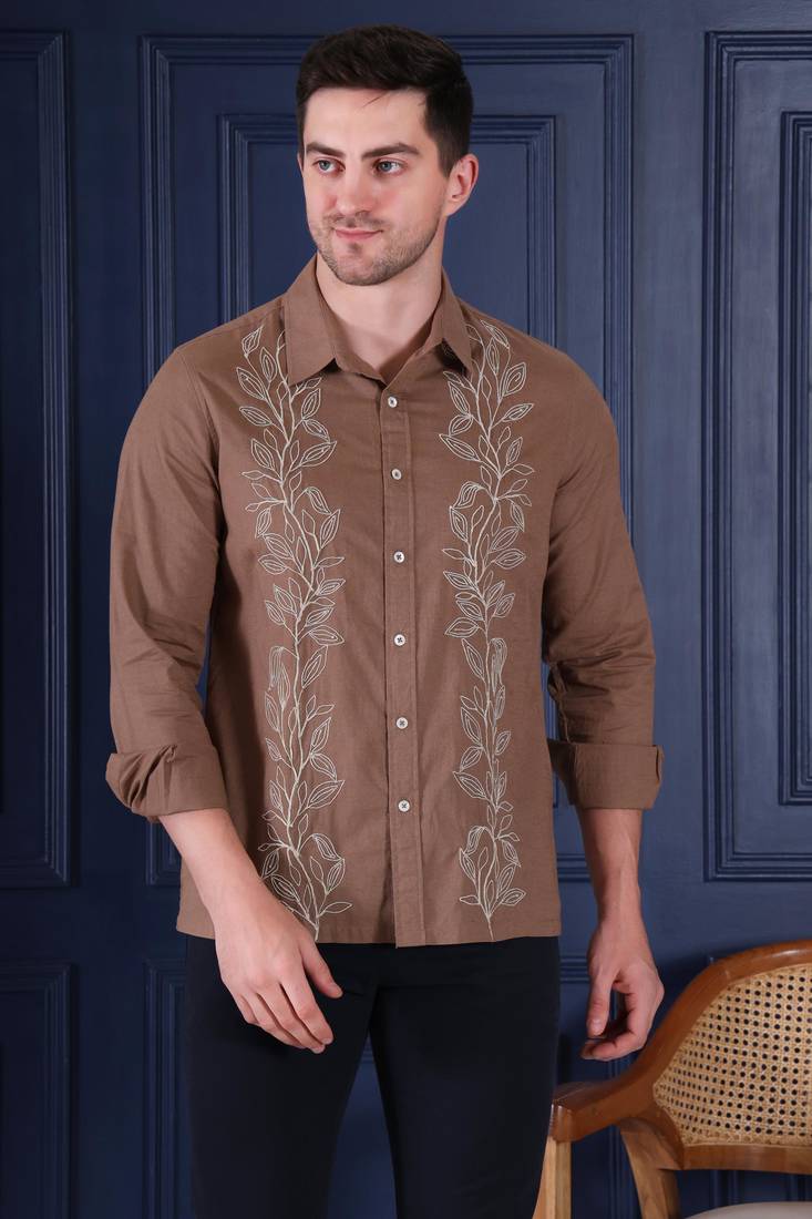 Pier seven embroidered 100% cotton men's slim fit full sleeve shirt - brown (pwy228)