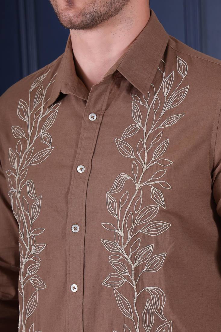 Pier seven embroidered 100% cotton men's slim fit full sleeve shirt - brown (pwy228)
