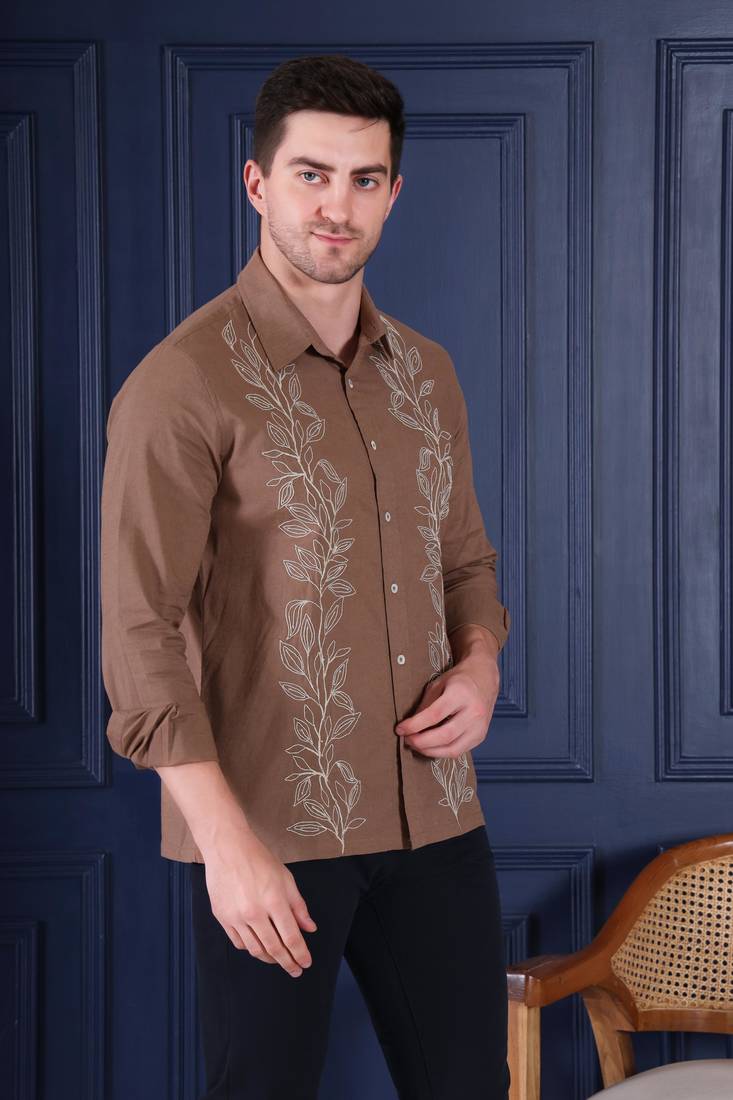 Pier seven embroidered 100% cotton men's slim fit full sleeve shirt - brown (pwy228)