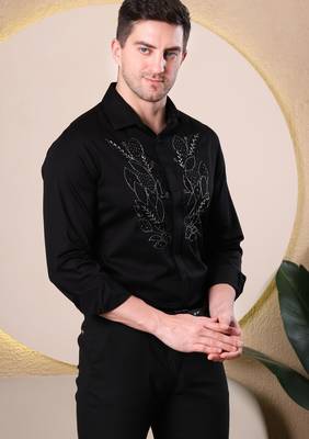 Pier seven hand embroidered cotton blend men's slim fit full sleeve shirt - black (pwy233) 2